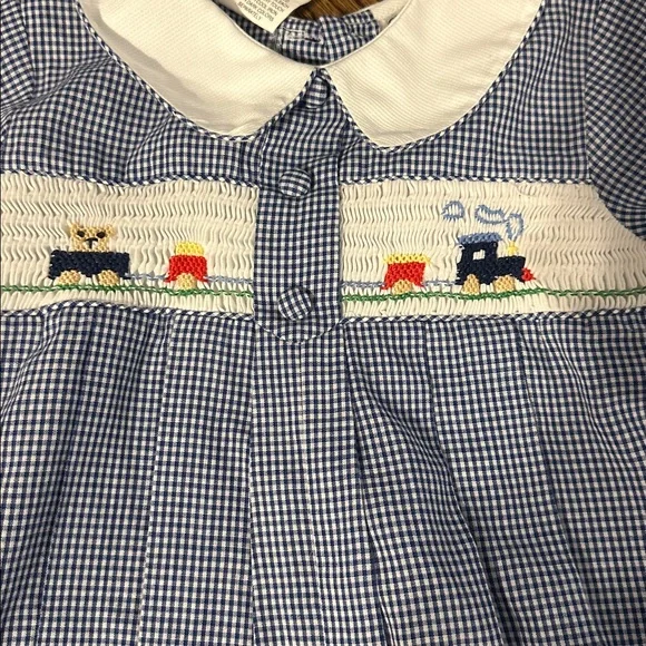 Blue Checkered Baby Romper with Train Smocking - Picture 2 of 6